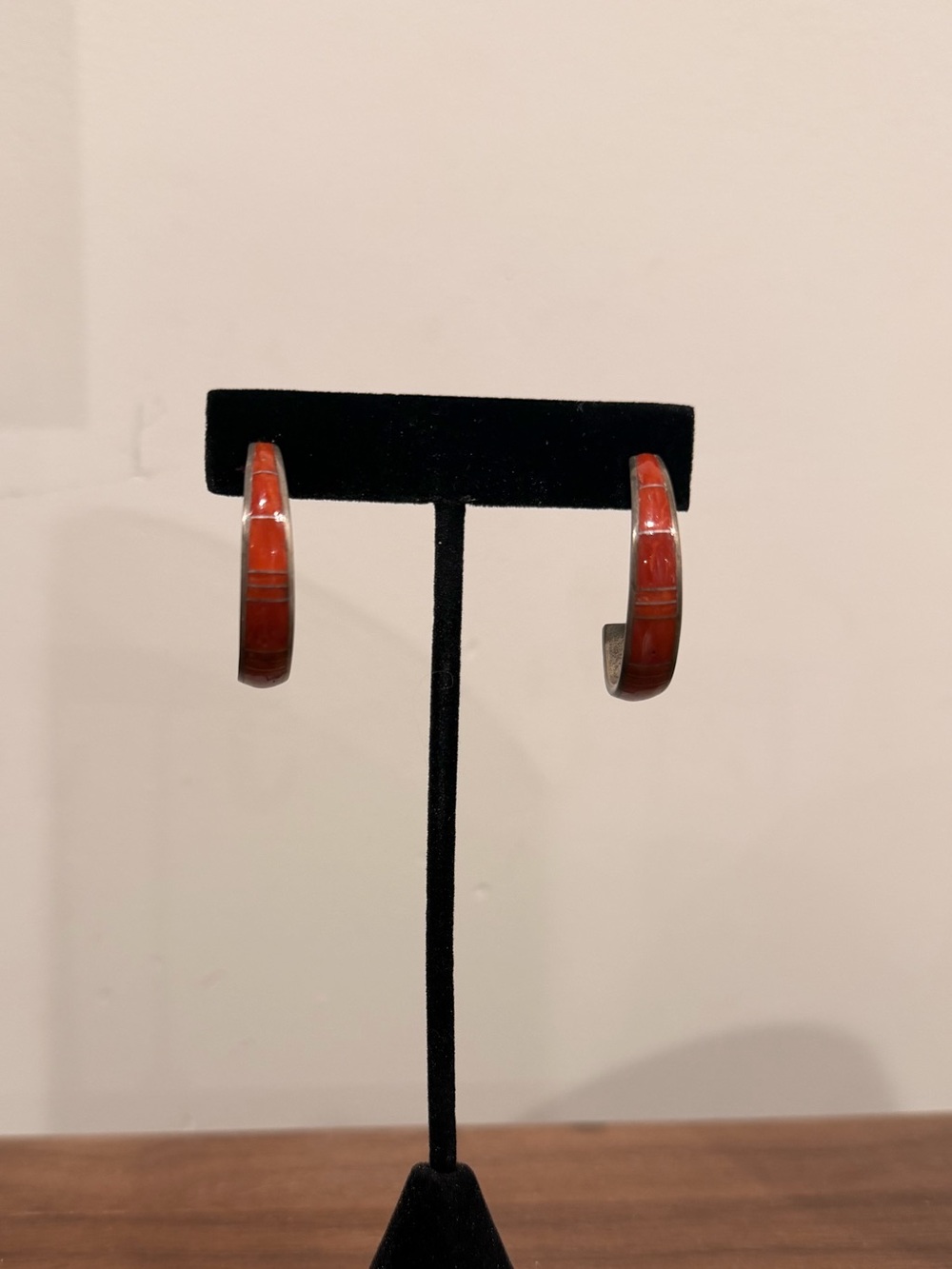 Signed Philbert Chavez Native American Sterling Silver Coral Inlay Hoop Earrings